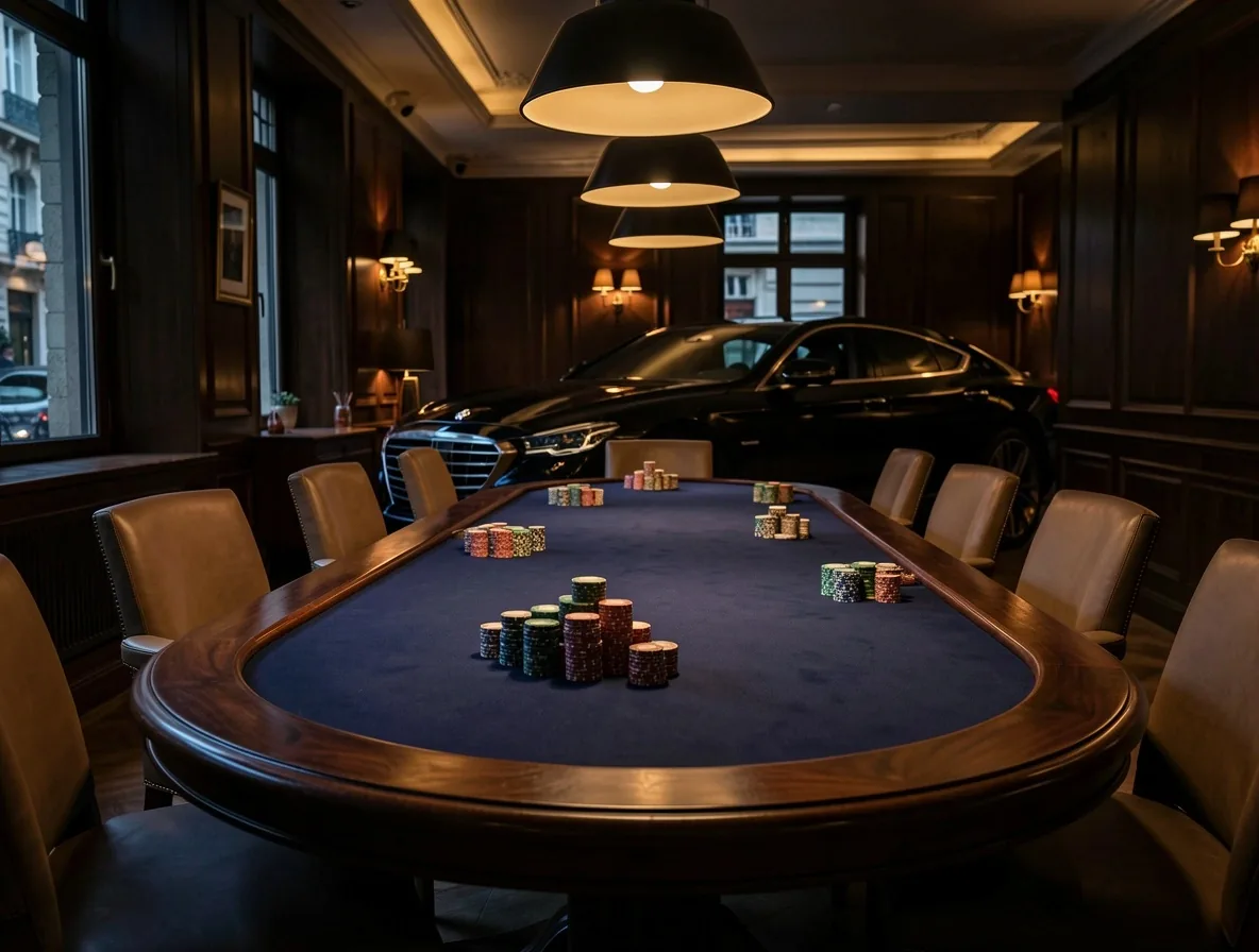 Ambiance feutrée du salon de poker au 34 Rue Paradis