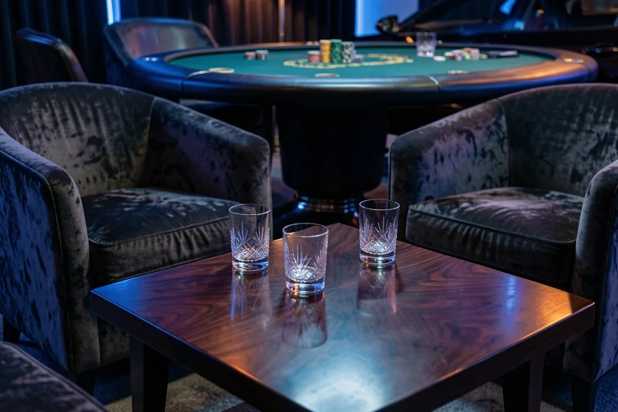 Détail du mobilier et de l'aménagement feutré du lounge poker Malenoria à Marseille