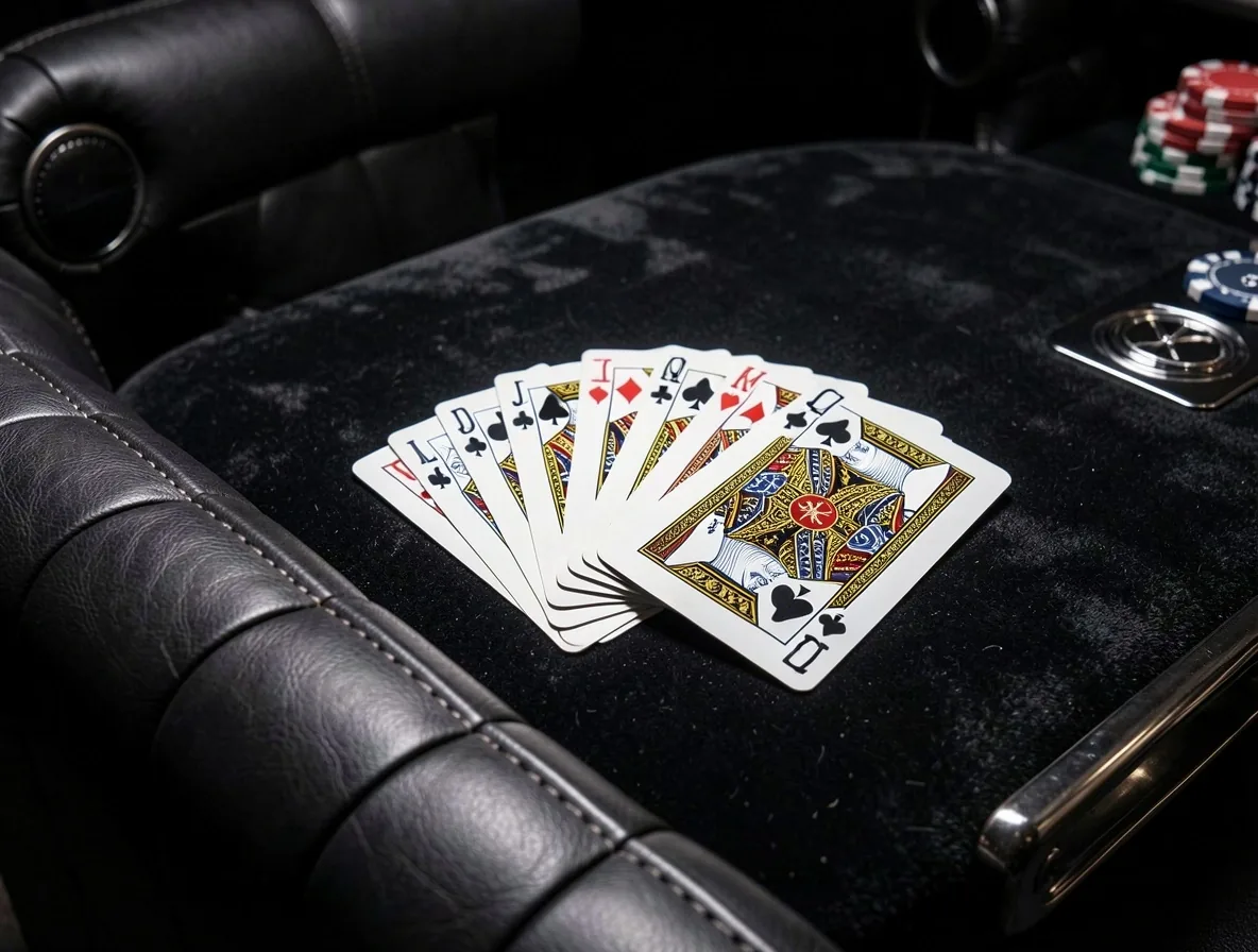 Jetons en céramique et cartes professionnelles sur tapis en velours de table de poker