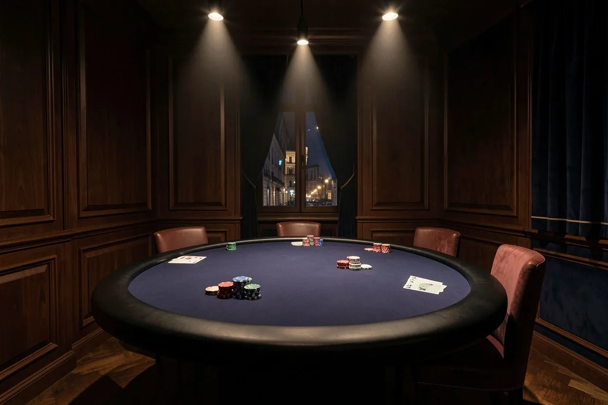 Vue d'ensemble du salon de poker privatif Malenoria avec table feutrée et éclairage sur mesure